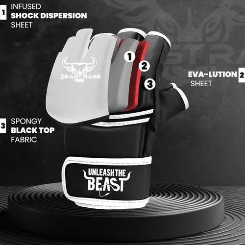Vista 2 de BEAST RAGE Guantes de artes marciales para hombres y mujeres, guantes de artes marciales para combate, palma ventilada, cuero vegano, lucha