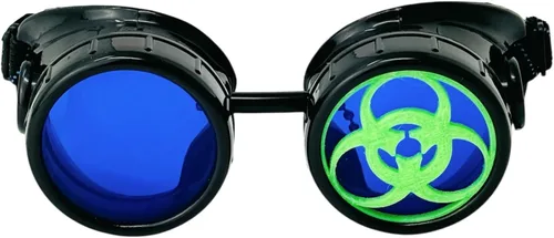 Vista 6 de UMBRELLALABORATORY Steampunk Mad Scientist - Gafas de disfraz de científico loco, accesorios de disfraces, gafas de cosplay verdes retro redondas