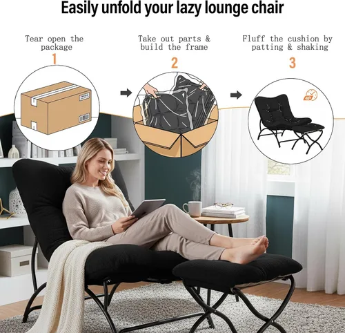 Vista 7 de Tiita - Silla acentuada perezosa con otomana, cómoda silla de ocio con estructura metálica y tela de felpa, silla reclinable acogedora con asiento
