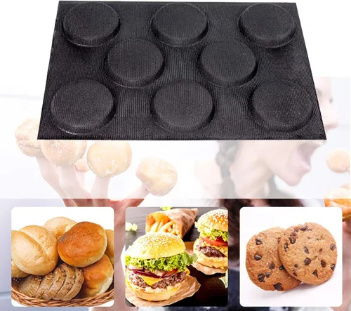 Vista 5 de Molde de silicona para pan de hamburguesas, molde antiadherente para pan de perros calientes, hojas redondas perforadas para pan, 8 cavidades