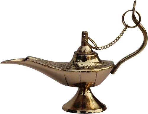 Vista 3 de SouvNear Lámpara de aceite Aladdin de 4.2 pulgadas, genio / Chirag ornamentado, latón dorado, juguetes vintage y regalos para niños, fiesta