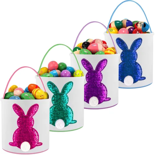 Vista 17 de Honeydak 4 cestas de Pascua para niños, bolsas de caza de huevos de Pascua, bolsas de lona de regalo, cubos de huevos con asas para caza de huevos