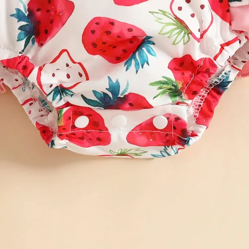 Vista 5 de LBDFBJY Mameluco sin mangas para bebé y niña, sin espalda, estampado de fresa, de verano, de una pieza, con diadema