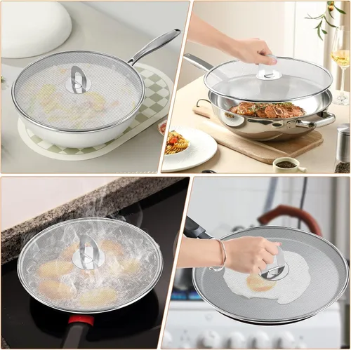 Vista 6 de Pantalla contra salpicaduras para cocinar, protector de salpicaduras de grasa de acero inoxidable para sartén con perilla plegable, como colador