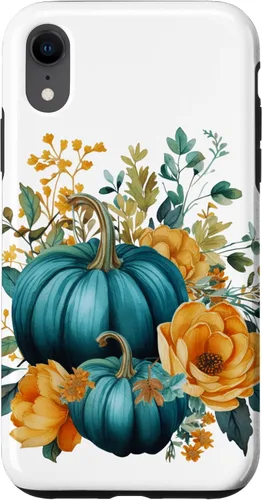 Vista 24 de iPhone 16 Teal Autumn Pumpkin Floral Fall Harvest Foliage Case
