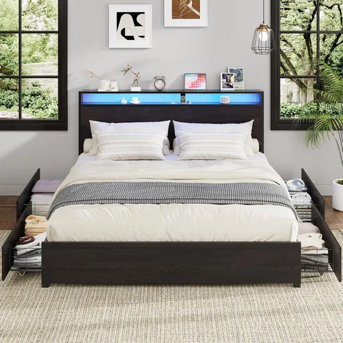 Vista 13 de Kiivakii Base de cama de tamaño matrimonial con cabecero, plataforma LED con 4 cajones de almacenamiento, estación de carga integrada, sin ruido