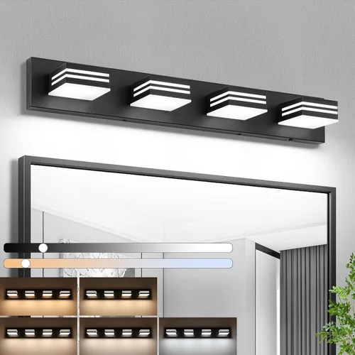 Vista 11 de Moderna lámpara LED para tocador de baño (3 luces, 24 pulgadas) (5CCT, regulable), negro mate moderno para pared de baño
