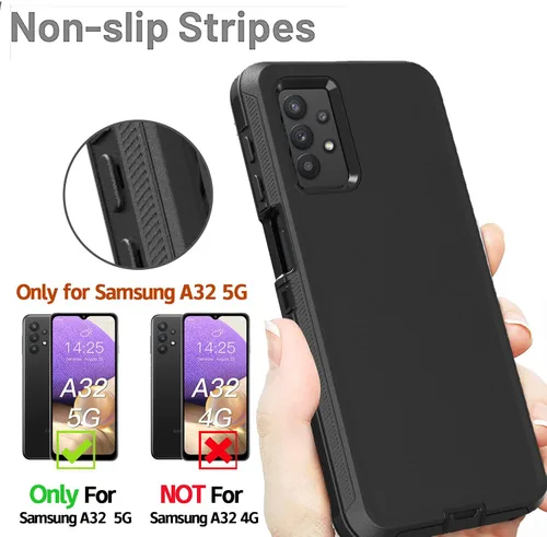 Vista 3 de Funda resistente para Galaxy A32 5G, no compatible con 4G, con clip, a prueba de golpes, a prueba de caídas, a prueba de polvo, (negro)