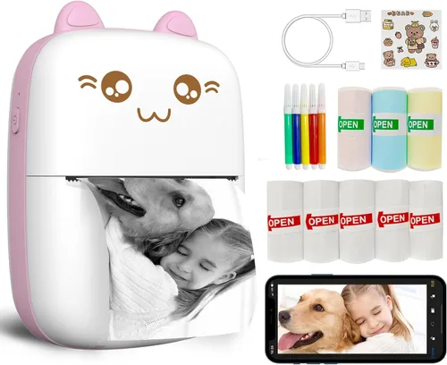 Vista 8 de Mini impresora portátil, impresora de pegatinas sin tinta con 8 rollos de papel, mini impresora térmica inalámbrica Bluetooth compatible con iOS +