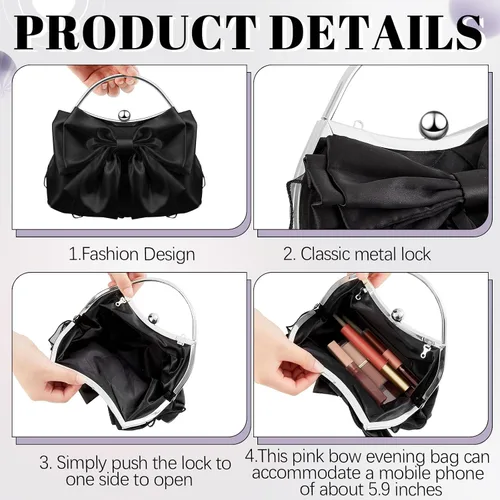 Vista 4 de Coquette - Bolso de mano para mujer, plisado, de satén, con lazo, bolsa de noche con cadena cruzada para boda, fiesta, baile de graduación
