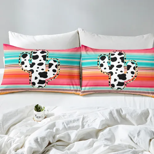 Vista 4 de Manfei Juego de sábanas de cactus tamaño individual, juego de ropa de cama de cactus con estampado de vaca para niños, niñas, adolescentes Tyts4421