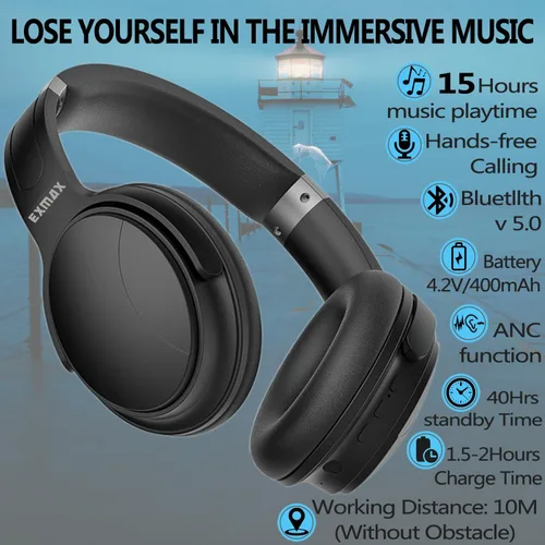 Vista 2 de EXMAX H5 Auriculares Bluetooth sobre la oreja ANC estéreo de alta fidelidad inalámbricos/con cable + micrófono plegables cómodos orejeras