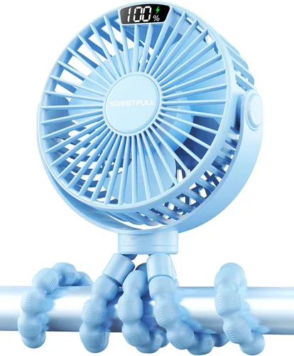 Vista 9 de SWEETFULL Ventilador portátil de cochecito de 4000 mAh con pantalla LED, mini ventilador recargable de 4 velocidades, trípode flexible giratorio