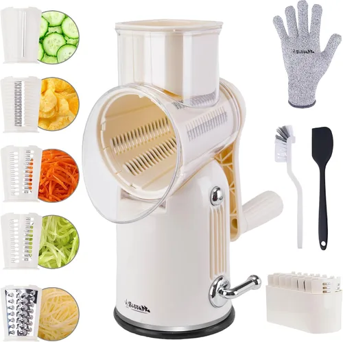 Vista 10 de Rallador de queso giratorio con asa, incluye 5 cuchillas de acero inoxidable y cuenta con una base de succión fuerte, fácil de limpiar, trituradora