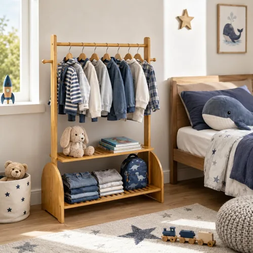 Vista 9 de BAMBOOHOMIE Perchero de ropa para niños con varillas ajustables, perchero de ropa para niños, bebés, mascotas, perchero para niños con 2 estantes