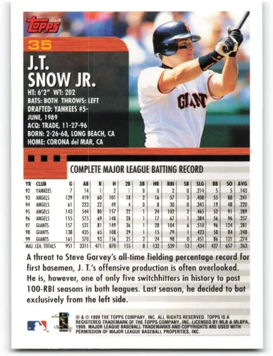Vista 2 de 2000 Topps #35 J.T. Snow NM-MT San Francisco Giants Baseball