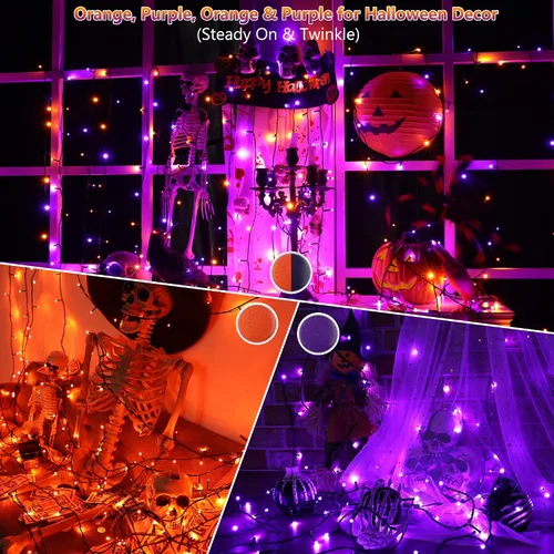 Vista 4 de Toodour - Guirnalda de luces RGB para Halloween, 33 pies, 100 luces LED naranja y morado