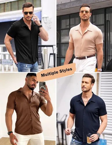 Vista 5 de COOFANDY Camisas de verano con botones para hombre, camisas cubanas de manga corta, camisas de playa ajustadas