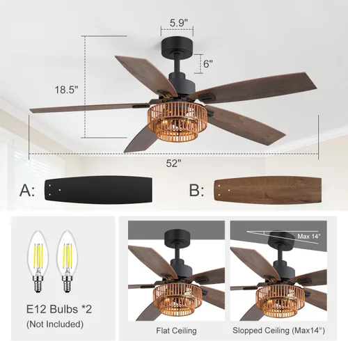 Vista 6 de 52" Farmhouse Ceiling Fans with Lights, Black Ceiling Fan with 6 Wind Speed Remote Control, Dual Finish 5 Blades, Reversible DC Motor, Rattan Caged