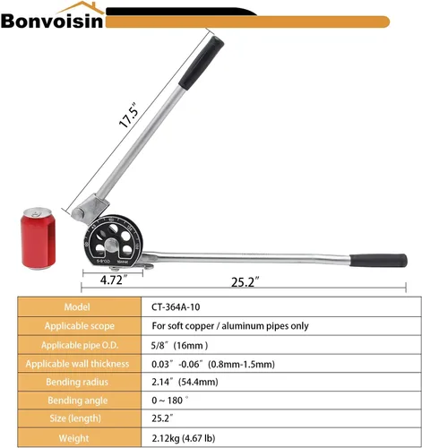 Vista 2 de Bonvoisin 5/8 "OD Tubing Bender Manual Pipe Tube Bender Herramienta de flexión HVAC de 180 grados para tuberías de aluminio de cobre Reparación