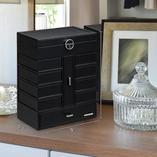 Vista 9 de Homde Paquete de caja de joyería negra una enorme caja de joyería + una caja de joyería negra con 10 cajones