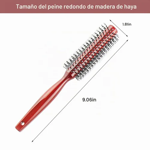 Vista 4 de Peine redondo con mango de madera original hecho de madera de haya pura, cerdas de nailon suaves, para todos los estilos de cabello, cepillo