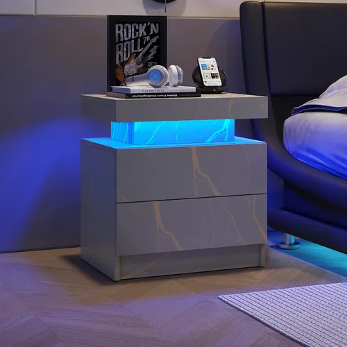 Vista 7 de Juego de 2 mesitas de noche LED negras, juego de 2 mesitas de noche modernas con 2 cajones, mesa auxiliar con luces LED para dormitorio, sala