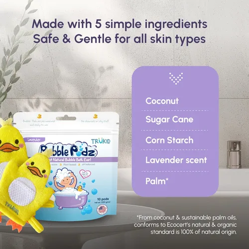 Vista 4 de TruKid Lavender Bubble Podz, juego de crema para bebés y guantes de burbujas, paquete relajante de baño y cuidado de la piel para niños