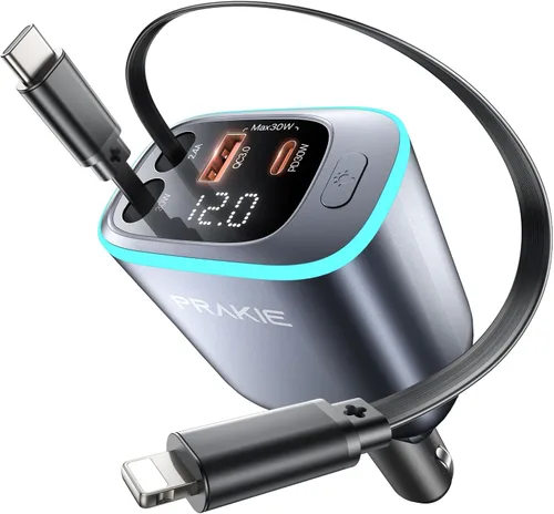 Vista 10 de Cargador de Coche, Cable USB C para iPhone Retráctil Cargador de Teléfono USB C Rápido, Adaptador de Encendedor de Cigarrillos con 2 Cables USBC