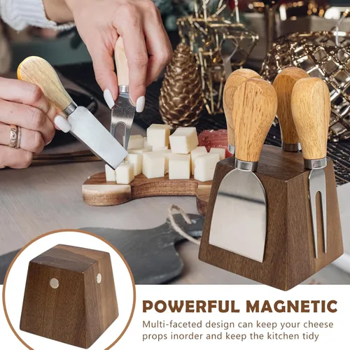 Vista 2 de Juego de cuchillos de queso para embutidos – 4 cuchillos de queso pequeños de acero inoxidable y tenedor con soporte magnético de madera de acacia