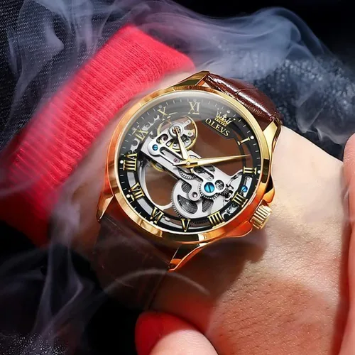 Vista 10 de OLEVS Relojes de esqueleto para hombre, automático, mecánico, de lujo, de cuero, impermeable, luminoso, reloj de pulsera para hombre
