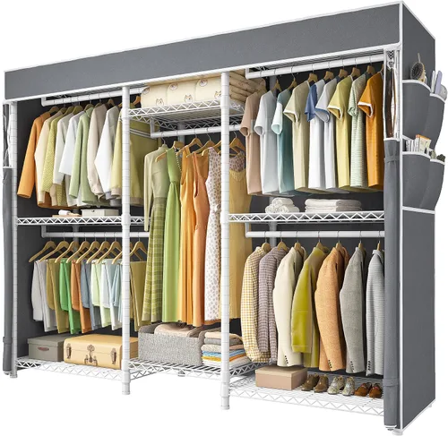 Vista 12 de Raybee Perchero de ropa con cubierta, perchereros para colgar ropa resistente, armario portátil con estantes, ajustable, carga de 905 LBS, negro