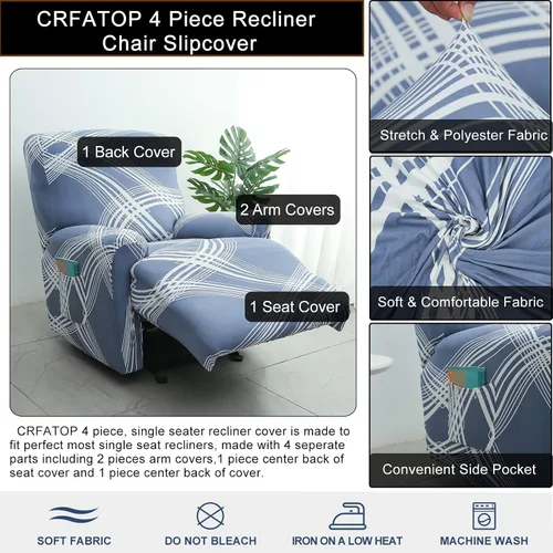Vista 3 de CRFATOP Funda estampada para sillón reclinable, 4 piezas con bolsillos, 1 asiento, funda de muebles para sillón reclinable, protector de muebles