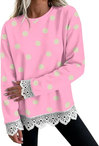 Vista 20 de Fall Sweatshirts for Women Crewneck Scalloped Lace Trim Cute Pullover Tops Lightweight Long Sleeve Polka Dot Sweatshirt,Oversized Leopard Print A
