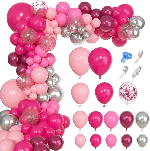 Vista 2 de Kit de arco de guirnalda de globos de princesa rosa y plateado de 143 piezas
