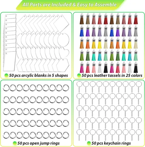 Vista 4 de Cruzix 200 llaveros en blanco para vinilo, llaveros de acrílico a granel con 5 formas de disco acrílico transparente, borlas, llaveros