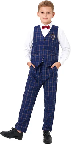 Vista 8 de Conjunto de chaleco y pantalones para niños, vestido a cuadros con camisa, esmoquin formal para boda, traje de portador de anillo de boda, Azul
