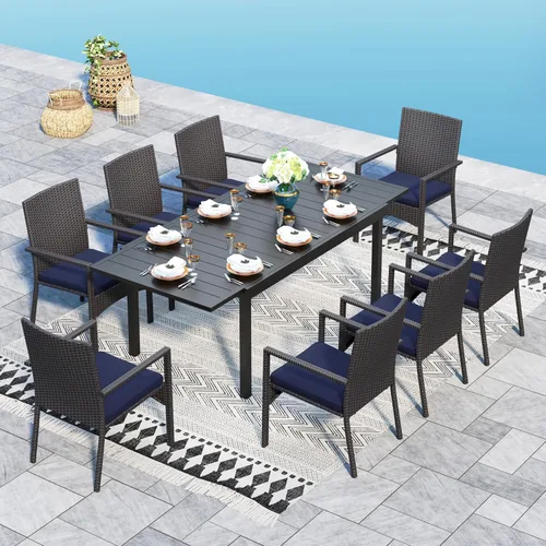 Vista 10 de Sophia & William Juego de comedor de patio de 9 piezas para 8, mesa al aire libre y sillas de ratán, mesa rectangular extragrande de 83 pulgadas