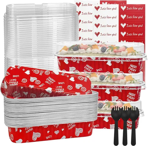 Vista 18 de Paquete de 100 mini moldes para pan de Navidad con tapas, mini moldes para pasteles con tapas y cucharas, moldes de papel de aluminio de 6.8 onzas