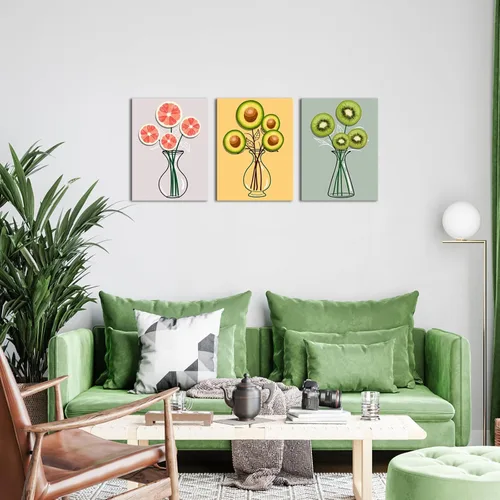 Vista 2 de Biuteawal Lienzo de frutas para pared, kiwis, pomelo en botella, florero, imagen, rosa, amarillo, verde, pintura, naturaleza muerta, obra de arte