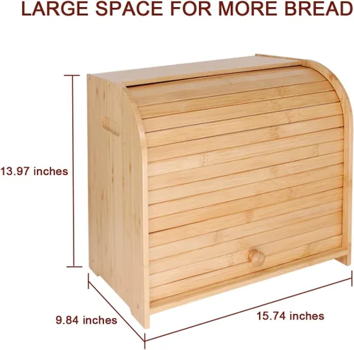 Vista 5 de Purbambo Caja de pan de bambú para encimera de cocina, doble capa Roll-top cajas de almacenamiento de pan conservador de alimentos con estante medio