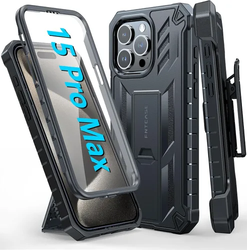 Vista 8 de FNTCASE Funda para iPhone 15-Pro-Max: Cubierta protectora resistente de grado militar a prueba de caídas para teléfono celular con soporte y Negro