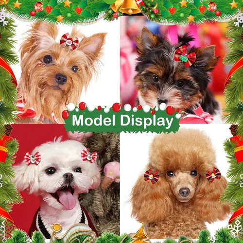 Vista 2 de 80 lazos de Navidad para perros pequeños, lazos de Navidad a granel para perros con bandas de goma, moños de aseo para mascotas, cachorros, perros