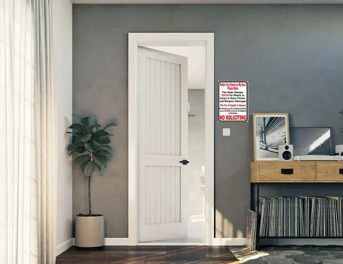 Vista 7 de Letrero de metal con texto en inglés "Before You Knock On My Door No Soliciting", de 8 x 12 pulgadas
