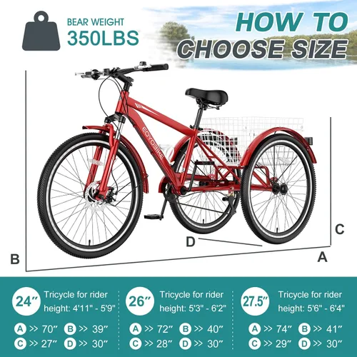 Vista 5 de MOPHOTO Triciclo de montaña para adultos, bicicleta de 3 ruedas de 7 velocidades para adultos/hombres/mujeres, 24/26/27.5 pulgadas, triciclo