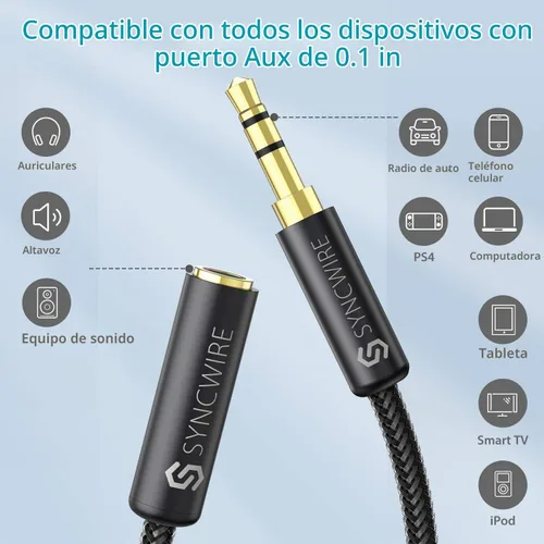 Vista 2 de Syncwire Cable de extensión de audio estéreo de 3.5 mm macho a hembra [Sonido Hi-Fi] [Conector chapado en oro] Cable de extensión AUX trenzado