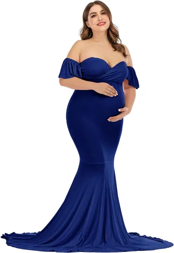 Vista 4 de ZIUMUDY Vestido de maternidad con hombros descubiertos y elegante para sesión de fotos, vestido de sirena envolvente para baby shower