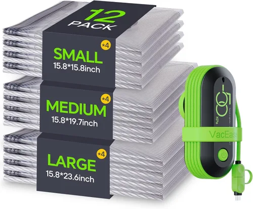 Vista 10 de 9 Pack Bolsas de Almacenamiento al Vacío de Viaje con Bomba Eléctrica USB, Bolsas de Tamaño de Equipaje de Mano de Ahorro de Espacio para Ropa
