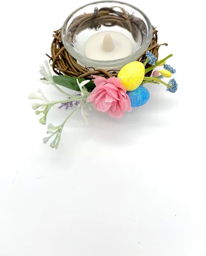Vista 2 de Easter Floral and Glitter Pastel Eggs Candle Holder for Easter and Spring Table Decorations on Glass Candle Holder Glass Base - Set of 2