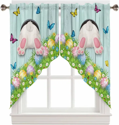 Vista 7 de BEMIGO Cenefas con estampado de huevos de Pascua, decoración de cocina, con orejas de conejo, bolsillo para barra, aislamiento térmico y lavable Rosa